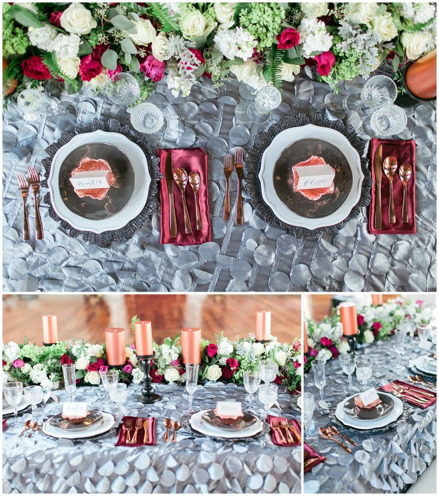 waterford event rentals, mad hatter vintage rentals, the green flamingo, copper wedding ideas, erika mills photography, dover hall, richmond wedding, RSVP stationery, misty saves the day, styled shoot, gray and copper wedding