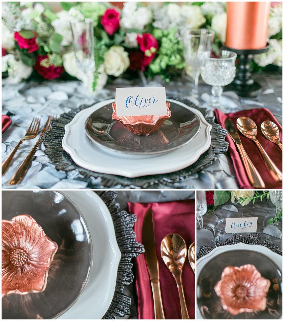 waterford event rentals, mad hatter vintage rentals, the green flamingo, copper wedding ideas, erika mills photography, dover hall, richmond wedding, RSVP stationery, misty saves the day, styled shoot, gray and copper wedding